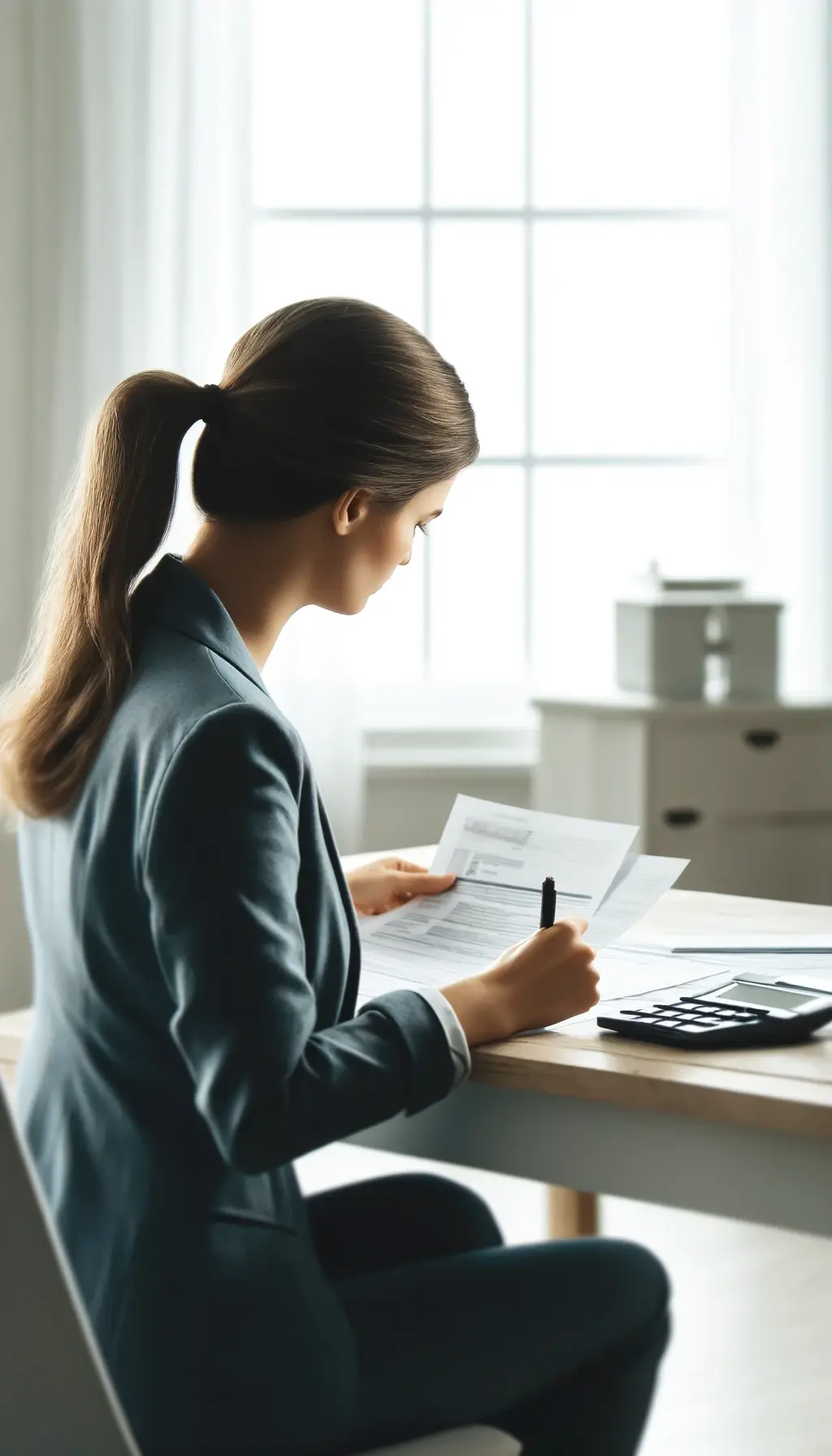A realistic portrait-format photo of a woman from behind, filling out her tax forms. The scene should be set in a home office environment, with the wo